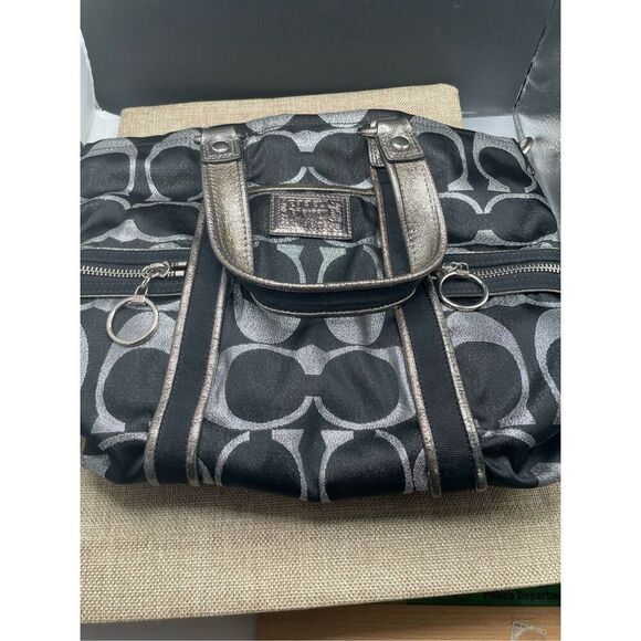 Coach Poppy Glam Tote Style 15443 Black Signature Shimmer with Magenta Lining - Picture 8 of 11